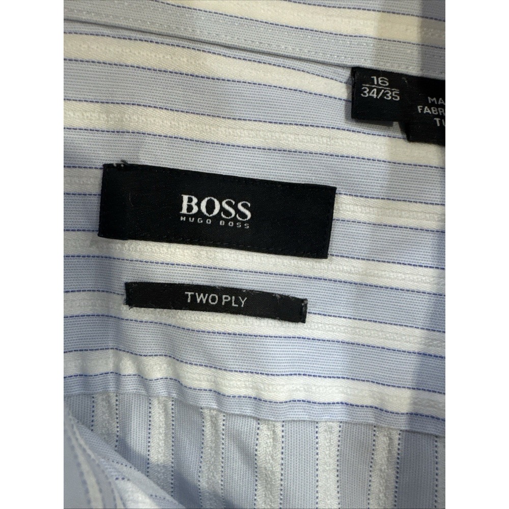 Men's Hugo Boss Blue Stripe Button Down Shirt 100% Cotton Size 16 34/35 2 Ply - Picture 10 of 11